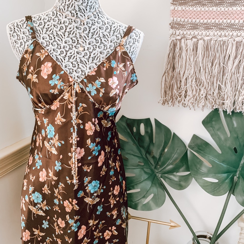 Vintage V-neck Brown Floral Slip Dress SZ L - Picture 1 of 12